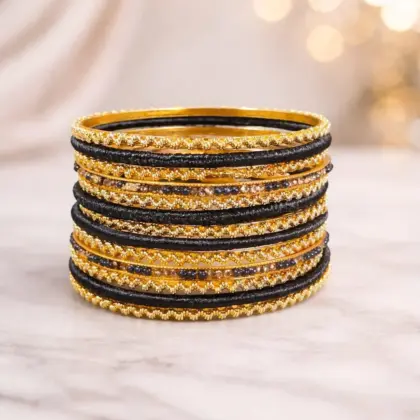 12 Pcs Women’s Metal Gold Plated Crystal Kara Bangle Set Funky Design Black Standard Size