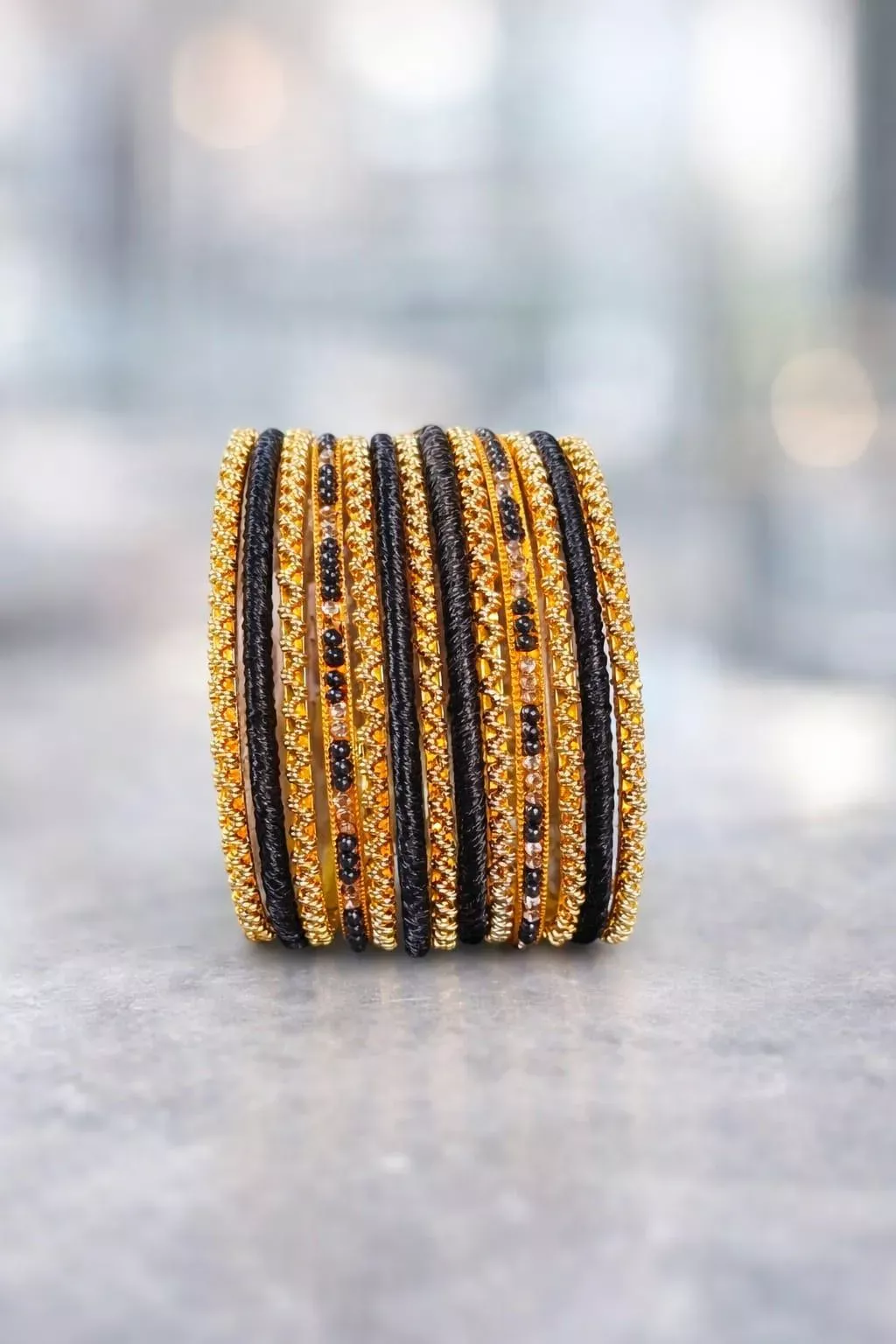 12 Pcs Women’s Metal Gold Plated Crystal Kara Bangle Set Funky Design Black Standard Size