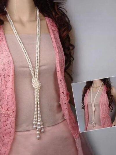 Trendy Double Knotted Long Pearl Multi Layered Necklace – Alloy, White, 125 cm