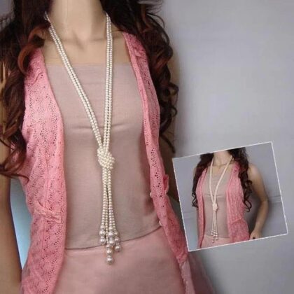 Trendy Double Knotted Long Pearl Multi Layered Necklace – Alloy, White, 125 cm
