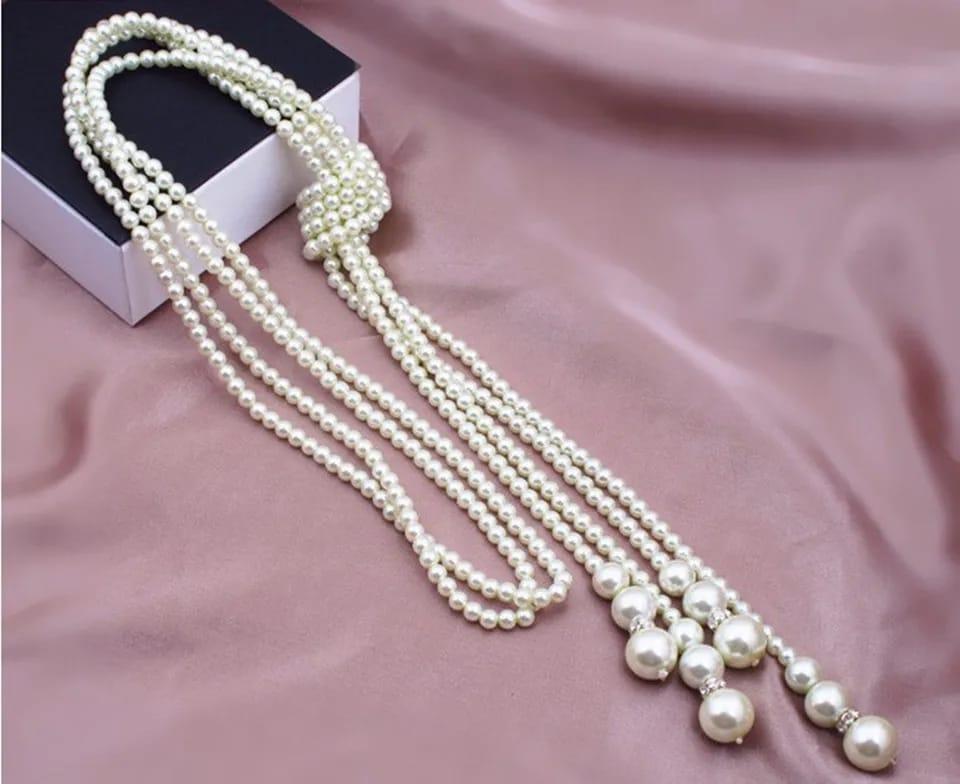 Trendy Double Knotted Long Pearl Multi Layered Necklace – Alloy, White, 125 cm