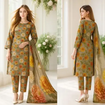 Off White 3-Piece Women’s Unstitched Printed Lawn Suit – Shirt, Trouser & Digital Print Dupatta