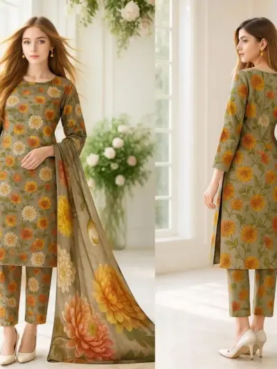 Off White 3-Piece Women’s Unstitched Printed Lawn Suit – Shirt, Trouser & Digital Print Dupatta