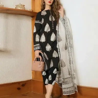 3 Pcs Women's Unstitched Printed Suit – Dhanak Digital Print, Black, 2025-2026 Collection
