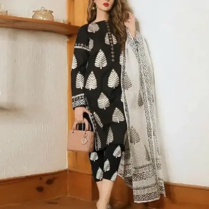 3 Pcs Women's Unstitched Printed Suit – Dhanak Digital Print, Black, 2025-2026 Collection