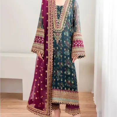 Motifze 3-Piece Women’s Unstitched Chiffon Embroidered Suit – Multicolor, 2.5m Each
