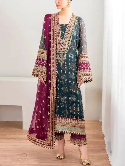 Motifze 3-Piece Women’s Unstitched Chiffon Embroidered Suit – Multicolor, 2.5m Each