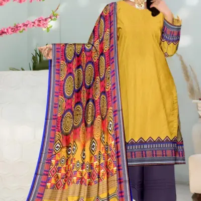 3 Pcs Women’s Unstitched Printed Lawn Suit with Cotton Trouser and Bamber Dupatta – Yellow