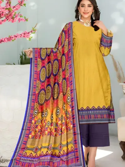 3 Pcs Women’s Unstitched Printed Lawn Suit with Cotton Trouser and Bamber Dupatta – Yellow