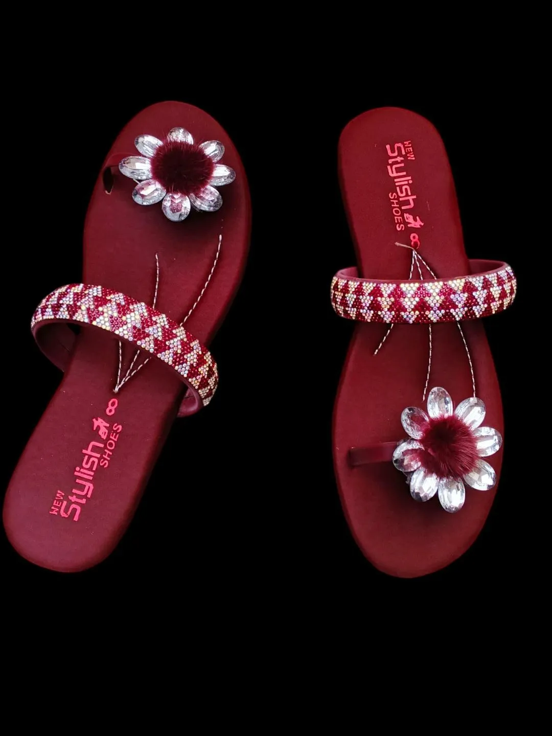 Women’s Maroon Synthetic Leather Fancy Flats – Rhinestone Design, Sizes 6–10