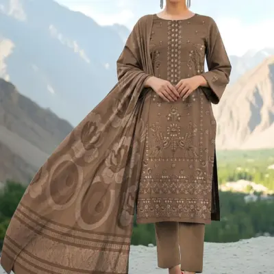 3 Pcs Women's Unstitched Embroidered Lawn Suit – Brown