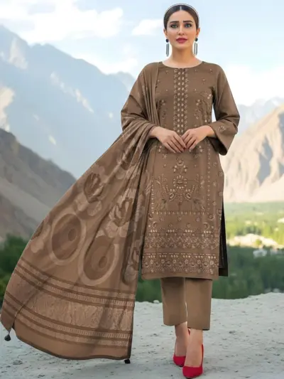 3 Pcs Women's Unstitched Embroidered Lawn Suit – Brown