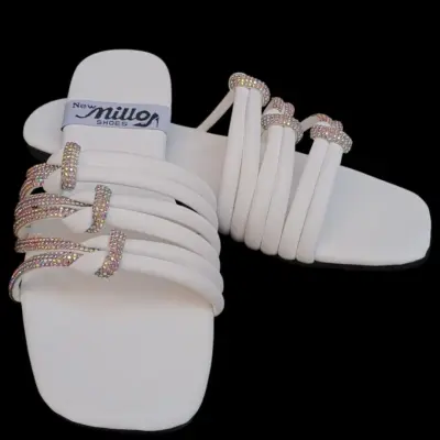 Women’s Synthetic Leather Fancy Flats White Rhinestone