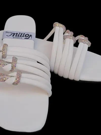 Women’s Synthetic Leather Fancy Flats White Rhinestone