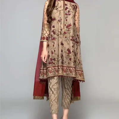 Motifze 3-Piece Women’s Unstitched Chiffon Embroidered Suit – Multicolor, 2.5m Each