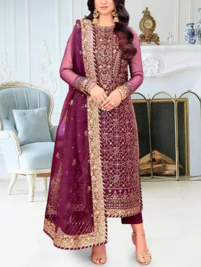 Motifze 3-Piece Women’s Unstitched Chiffon Embroidered Suit – Multicolor, 2.5m Each