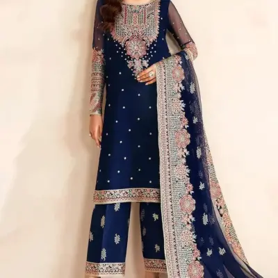 Motifze 3-Piece Women’s Unstitched Blue Chiffon Embroidered Suit – 2.5m Each