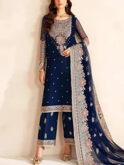 Motifze 3-Piece Women’s Unstitched Blue Chiffon Embroidered Suit – 2.5m Each
