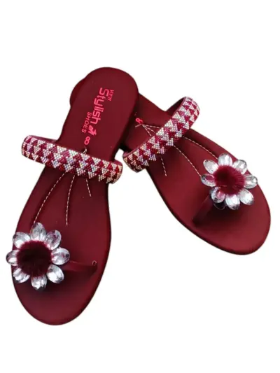 Women’s Maroon Synthetic Leather Fancy Flats – Rhinestone Design, Sizes 6–10