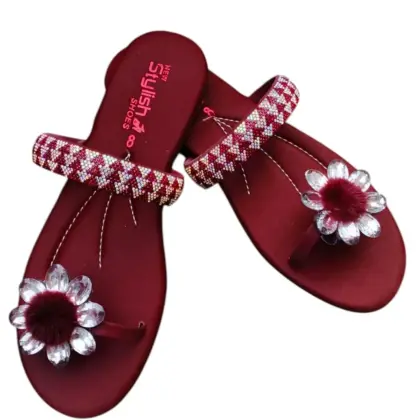 Women’s Maroon Synthetic Leather Fancy Flats – Rhinestone Design, Sizes 6–10