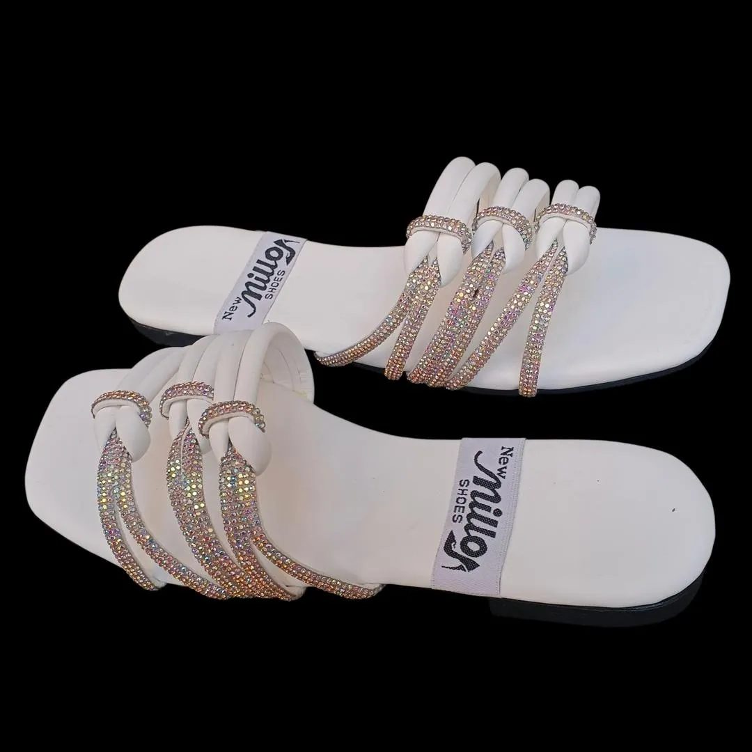 Women’s Synthetic Leather Fancy Flats White Rhinestone