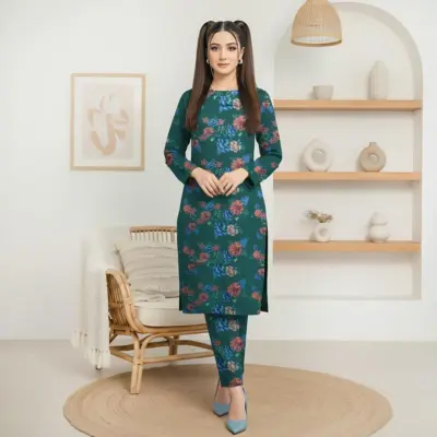 Women’s 2 Pcs Unstitched Lawn Printed Suit – Green | Printed Shirt & Trouser (2.5 Gazz Each)