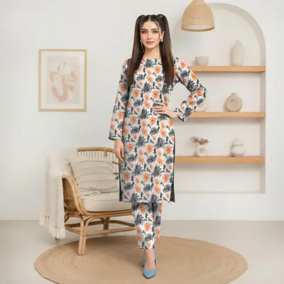 Women’s 2 Pcs Unstitched Lawn Printed Suit – Off White | Printed Shirt & Trouser (2.5 Gazz Each)