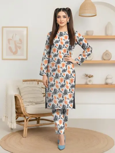 Women’s 2 Pcs Unstitched Lawn Printed Suit – Off White | Printed Shirt & Trouser (2.5 Gazz Each)