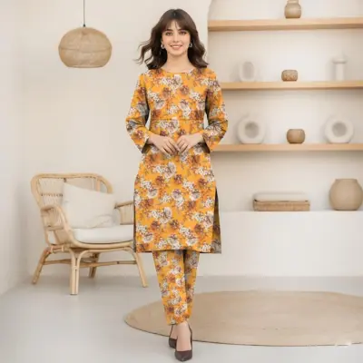 Women’s 2-Piece Unstitched Lawn Printed Suit – Mustard | 2.5 Gazz Shirt & Trouser
