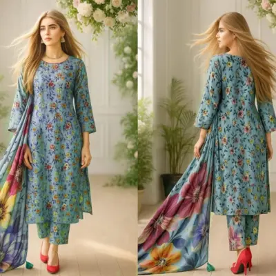 Blue 3-Piece Women’s Unstitched Printed Lawn Suit – Shirt, Trouser & Digital Print Dupatta
