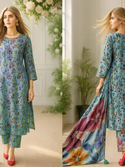 Blue 3-Piece Women’s Unstitched Printed Lawn Suit – Shirt, Trouser & Digital Print Dupatta