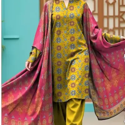 3 Pcs Women’s Unstitched Printed Lawn Suit with Cotton Trouser and Bamber Dupatta – Yellow