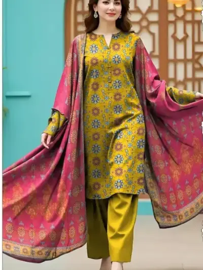 3 Pcs Women’s Unstitched Printed Lawn Suit with Cotton Trouser and Bamber Dupatta – Yellow