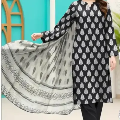 3 Pcs Women’s Unstitched Printed Lawn Suit with Cotton Trouser and Bamber Dupatta – Black