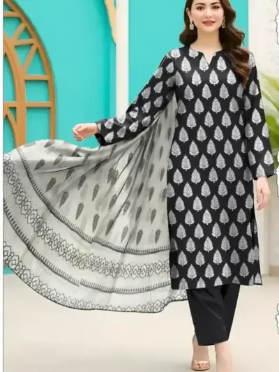 3 Pcs Women’s Unstitched Printed Lawn Suit with Cotton Trouser and Bamber Dupatta – Black