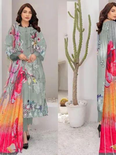 3 Pcs Women’s Unstitched Silver Printed Lawn Suit with Cotton Trouser and Diamond Dupatta