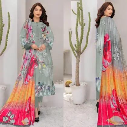 3 Pcs Women’s Unstitched Silver Printed Lawn Suit with Cotton Trouser and Diamond Dupatta
