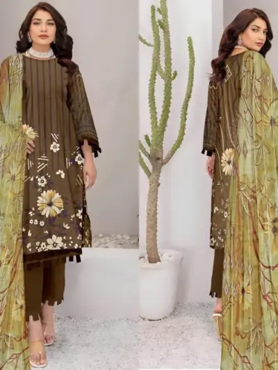 3 Pcs Women’s Unstitched Brown Printed Lawn Suit with Cotton Trouser and Diamond Dupatta