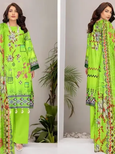 3 Pcs Women’s Unstitched Green Printed Lawn Suit with Cotton Trouser and Diamond Dupatta
