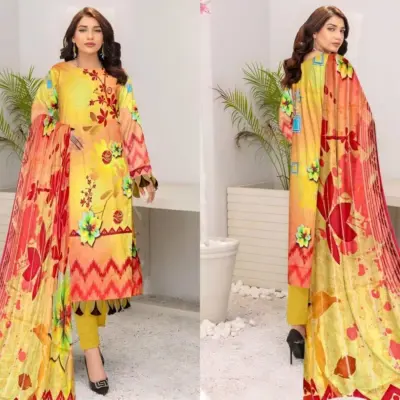 3 Pcs Women’s Unstitched Printed Lawn Suit with Diamond Digital Print Dupatta – Yellow