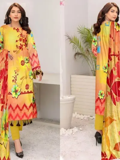 3 Pcs Women’s Unstitched Printed Lawn Suit with Diamond Digital Print Dupatta – Yellow