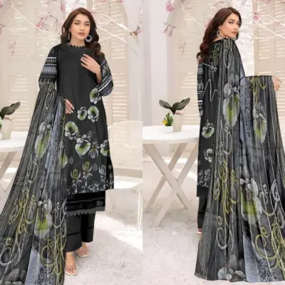 3 Pcs Women’s Unstitched Printed Lawn Suit with Diamond Digital Print Dupatta – Black