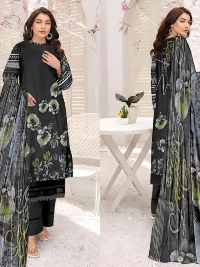 3 Pcs Women’s Unstitched Printed Lawn Suit with Diamond Digital Print Dupatta – Black