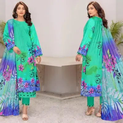 3 Pcs Women’s Unstitched Printed Lawn Suit with Diamond Digital Print Dupatta – Multicolor