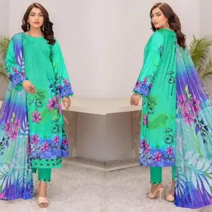 3 Pcs Women’s Unstitched Printed Lawn Suit with Diamond Digital Print Dupatta – Multicolor