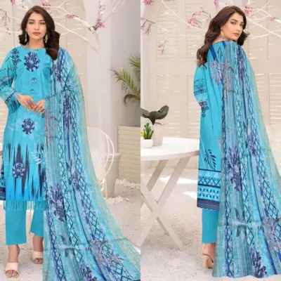 3 Pcs Women’s Unstitched Printed Lawn Suit with Diamond Digital Print Dupatta – Blue