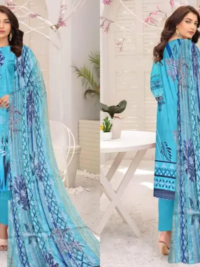 3 Pcs Women’s Unstitched Printed Lawn Suit with Diamond Digital Print Dupatta – Blue