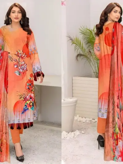 3 Pcs Women’s Unstitched Printed Lawn Suit with Diamond Digital Print Dupatta – Peach