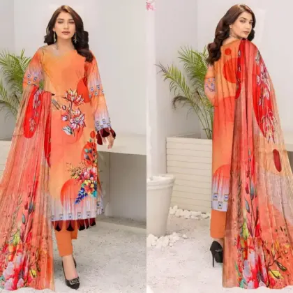 3 Pcs Women’s Unstitched Printed Lawn Suit with Diamond Digital Print Dupatta – Peach