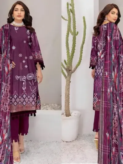 3 Pcs Women’s Unstitched Printed Lawn Suit with Diamond Digital Print Dupatta – Maroon